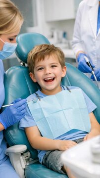 A young boy in blue shirt sitting in dental chair and smiling with his mouth open wearing white dental dam.