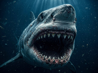 Obraz premium Cinematic close up megalodon with terrifying open jaws underwater