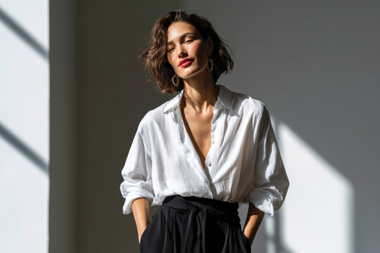 Elegant Fashion Portrait of Model Wearing Classic White Blouse and Dark Trousers, Natural Light Illumination, Warm Approachable Ambiance in Minimalist Space, Modern Editorial Lifestyle Composition