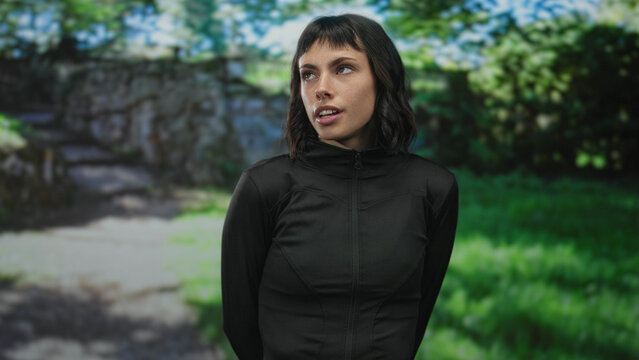 Woman in black jacket standing still looking up in forest with dappled sunlight filtering through leaves; reflection.