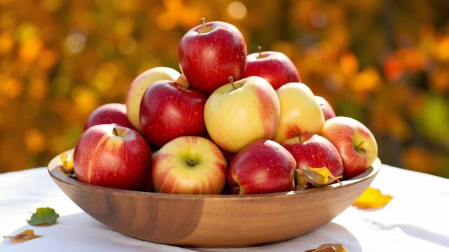 A wooden bowl overflowing with vibrant red and green apples, symbolizing the abundance of a fall harvest, set against a blurred autumnal background.