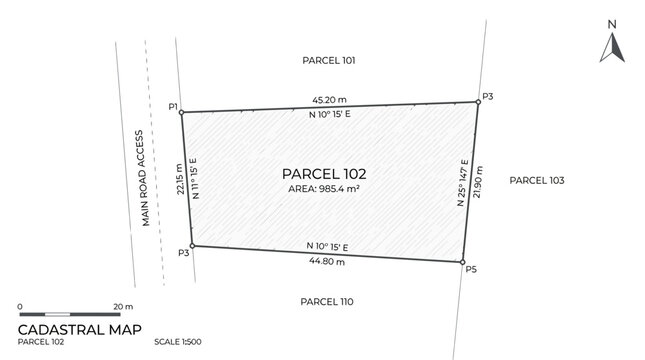 Cadastral map showing parcel boundaries and measurements