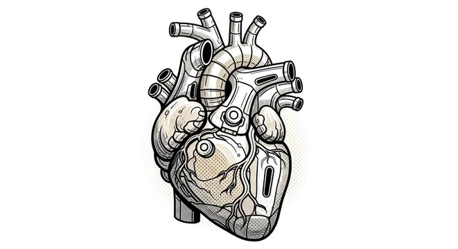 Mechanical Anatomical Human Heart Illustration, Cyberpunk Robotic Heart with Halftone Texture on White Background