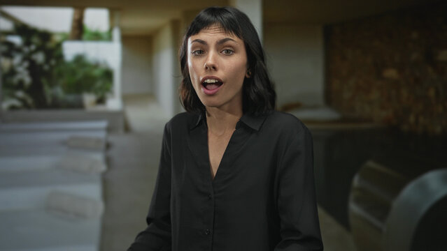 Young hispanic woman wearing black shirt raises open palms by indoor spa pool in building; relaxation.
