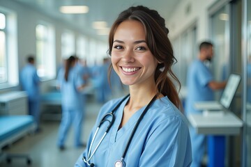 Fototapeta premium Female Medical Illustrator with a Bright Smile Working in a Hospital, Exuding Professionalism and Friendliness as a Healthcare Provider.