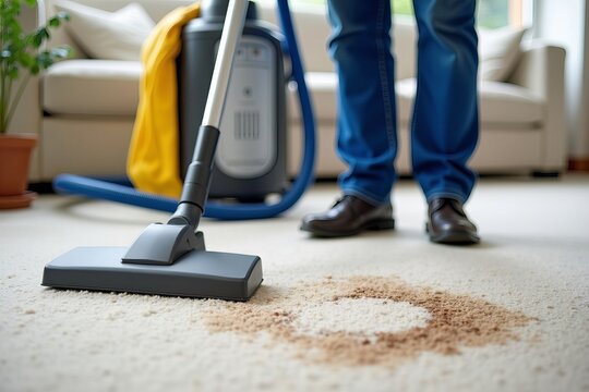A skilled janitor utilizing a vacuum cleaner to eliminate stains on a pristine carpet.
