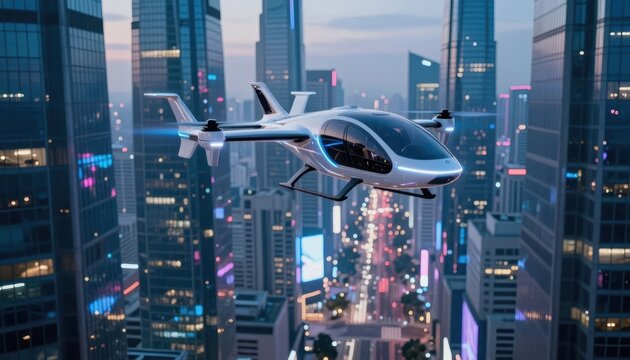 An eVTOL air taxi glides over the vibrant cityscape, showcasing advanced technology. The air taxi navigates between skyscrapers, highlighting the future of urban air transportation.