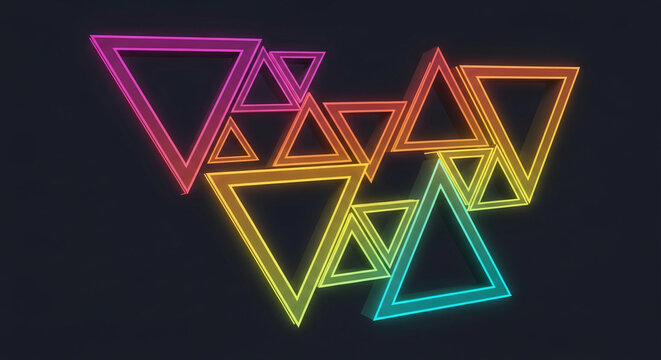 Interlocking neon triangles with a vibrant gradient glow against a dark backdrop, symbolizing modern design, technology, and dynamic energy, perfect for abstract concepts.
