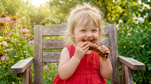 Toddler girl happily eating barbecue rib in wooden garden chair. Blonde child with messy sauce face smiling outdoors. Summer family picnic and joyful childhood moment
