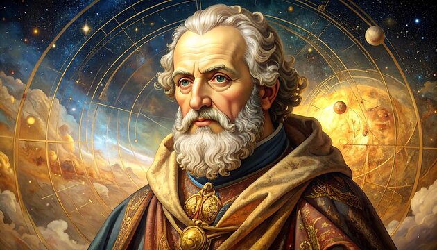 Portrait of an elder man with white hair and beard against a celestial backdrop