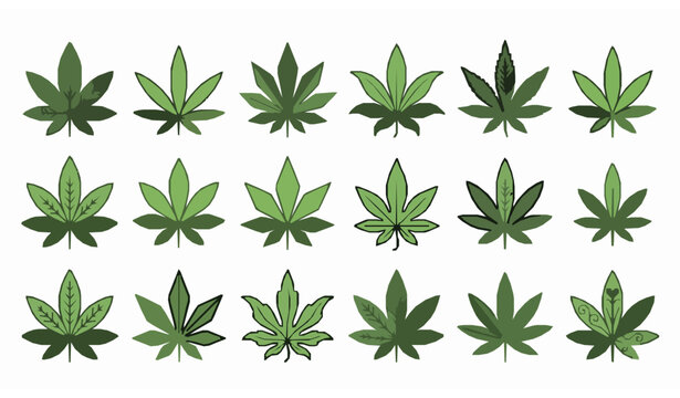 Stylized cannabis leaf icon set with marijuana and hemp leaves in black and green vector on white