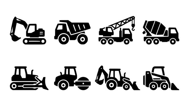 Construction vehicle glyph icon set with heavy industrial transport silhouettes black vector collection on white