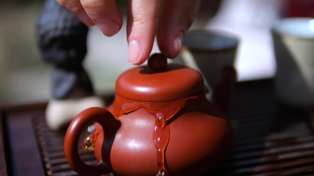 Person carefully places the lid on a traditional chinese yixing clay teapot filled with tea, with hot water overflowing in a customary ritual during an authentic gongfu cha ceremony