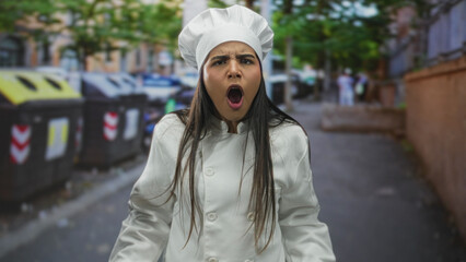 Obraz premium Hispanic woman chef in white coat and toque gestures angrily with hands and frowning by street trash bins;frustration defiance.