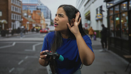 Young hispanic woman holding a gamepad cups her ear while listening and looking puzzled amid busy storefronts and passing cars on a street  curiosity focus. © Krakenimages.com