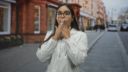 Fototapeta premium Young hispanic doctor woman in white coat covers mouth with hands on a busy street, wearing glasses, wide eyes visible and long hair; surprise.