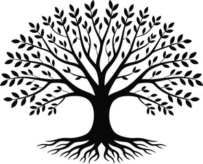Obraz premium Black silhouette of a stylized tree with roots and leaves