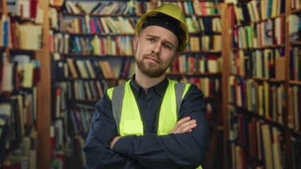 Man in yellow hardhat and hi vis safety vest standing with arms crossed among bookshelves in building  confidence diligence. © Krakenimages.com