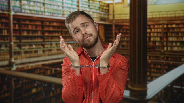 Man prisoner in orange jumpsuit handcuffed with hands raised palms open next to bookshelves in a building; remorse isolation reflection.