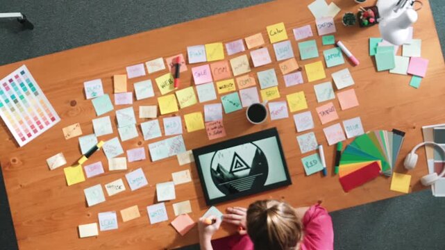 Top view of business team write graphic logo on meeting table with colorful sticky notes and design while explain idea. Project manager sharing idea and explain concept art to smart team. Symposium.