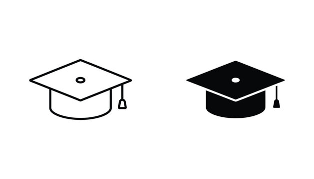Graduation cap icon set featuring academic mortarboard with tassel in both clean outline and solid black graphic styles for education and university branding projects