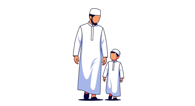 A Muslim father and son standing together wearing traditional white thawb or dishdasha robes and caps on a neutral background in a simple colorful flat digital illustration style for Ramadan