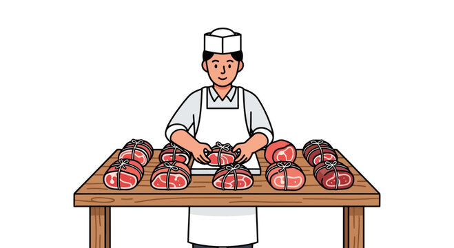 A cartoon butcher in a white apron and hat expertly cuts a large raw steak on a wooden table surrounded by multiple steaks, in a simple colorful flat style, in a butcher shop context.