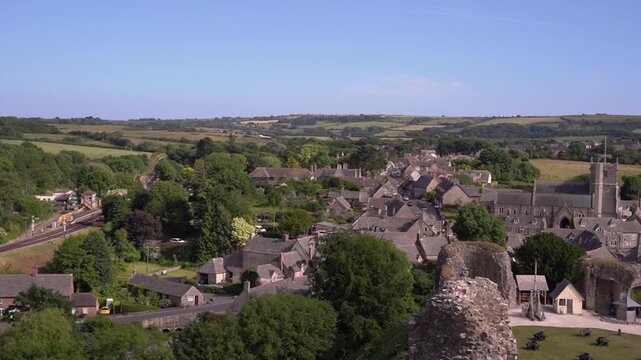Panoramic View of Historic Corfe Castle Village and Dorset Countryside