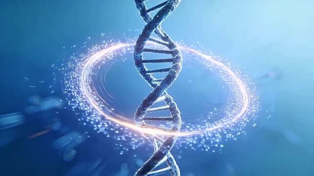 Blue DNA double helix structure surrounded by molecules and glowing particles