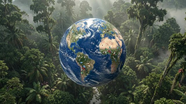 A captivating showcasing Earth amidst a lush jungle, highlighting our planet's beauty and biodiversity.