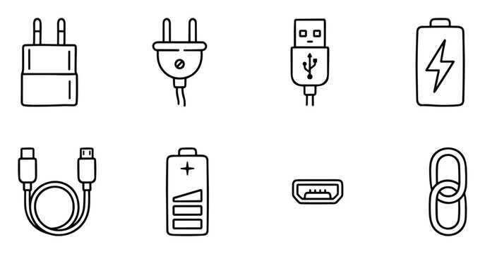 Charging accessories and power connection icon set with plug usb cable battery and adapter on transparent background