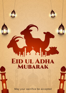 eid ul adha mubarak islamic greeting card with animal silhouette, elegant eid al adha festival poster with mosque and lanterns, bakra eid mubarak greeting design with goat camel and cow, islamic eid u