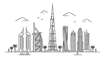 Dubai City Skyline Line Art Illustration with Famous Skyscrapers Landmarks and Palm Trees Vector © Taufik-DeGra