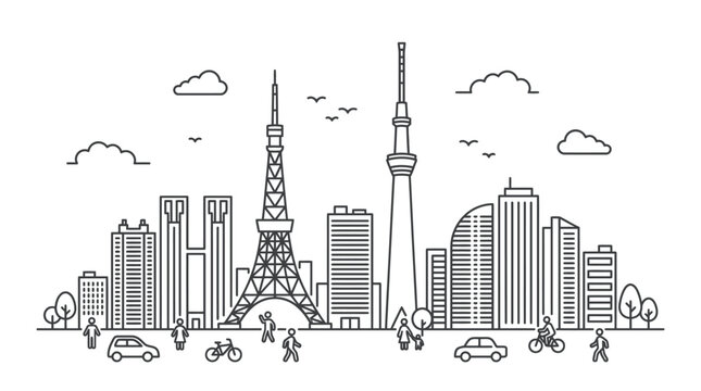 Tokyo City Skyline Line Art Illustration Featuring Famous Urban Landmarks and Modern Skyscrapers