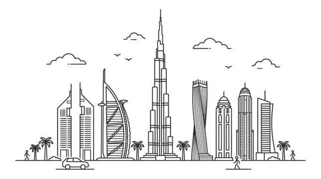 Dubai City Skyline Line Art Illustration with Famous Skyscrapers Landmarks and Palm Trees Vector