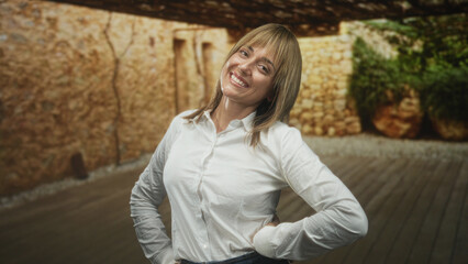 Obraz premium Woman smiling with palms up gesture in a stone building interior with wooden floor and plant near a wall; cheerful welcome.