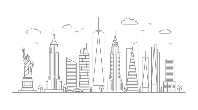 New York City Skyline Line Art Vector Illustration featuring Famous Landmarks and Urban Scene