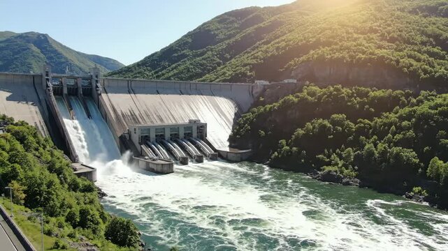 Massive concrete dam with water cascading down, surrounded by lush green mountains