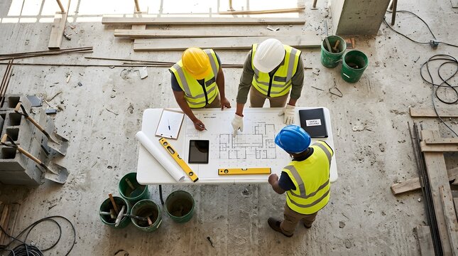 Diverse team of construction professionals reviewing building blueprints on a site.