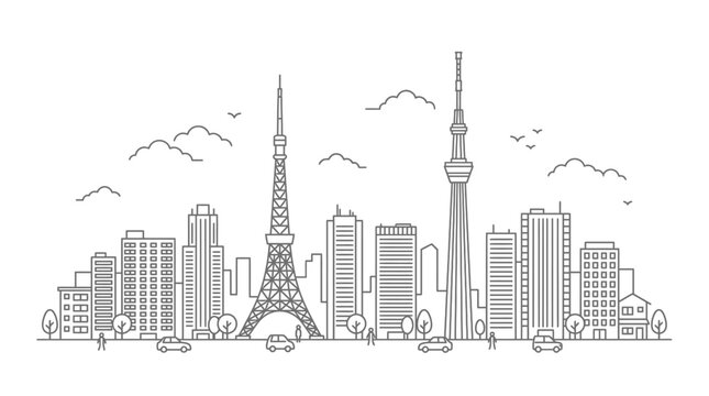 Tokyo City Skyline Line Art Illustration Featuring Famous Urban Landmarks and Modern Skyscrapers
