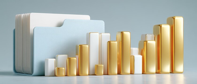Yellow bar chart showing steady growth progress with folder document business background