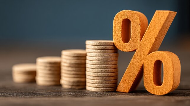 Wooden percentage symbol (%) next to rising stacks of coins. Interest rate, financial growth, and economic return concept.