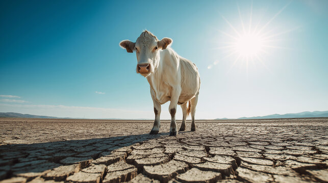 White cow facing forward on parched, cracked earth beneath a bright sun, illustrating concepts of drought, global crisis, and desertification