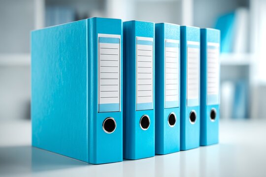 Row of blue office binders on a desk. Document organization, filing system and business administration concept.