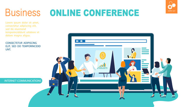 Business presentation, online conference. Banner, office where employees and businessmen work online at laptop. Business people. Teamwork, financial market analysis, design. Vector illustration