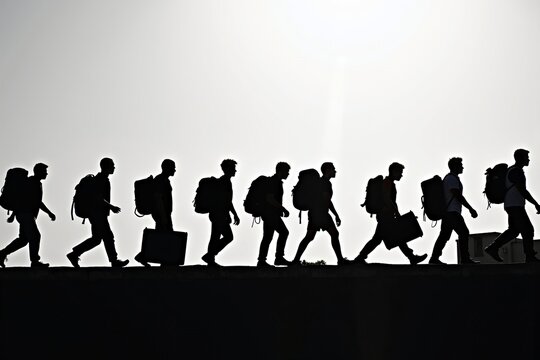 Monochrome Image of Silhouetted Individuals with Backpacks and Luggage Walking at the Border, Representing the Resilience of Migrants and Refugees.