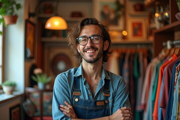 Obraz premium Capturing the Vintage Charm: A Portrait of a Stylish Boutique Owner and their Retro Fashion Sanctuary