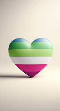 3D rendered heart with horizontal stripes in blue, green, white, and pink, symbolizing identity and pride, suitable for social awareness campaigns.