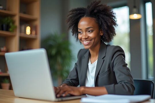Confident African American Woman Accountant Manager Displays Professionalism and Focus While Working on Laptop in Office