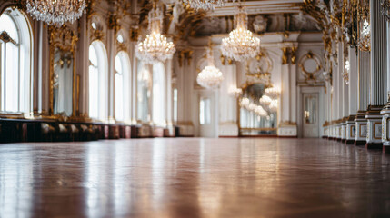 Fototapeta premium Grand baroque hall featuring ornate gold decor, sparkling chandeliers, arched windows, and a reflective wooden floor
